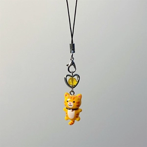 Y2K cute orange tabby cat keychain with resin figure and metal heart frame detail
