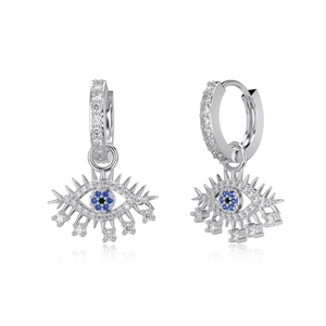 Exquisite S925 silver Evil Eye hoop earrings with blue and white zircon pavé setting