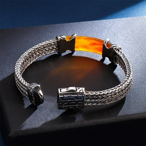 316L stainless steel braided keel chain bracelet with amber resin center inlay for men