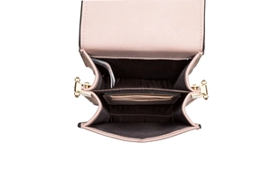 Internal view of pink PU leather phone bag with black fabric lining and card slots