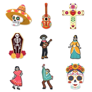 Detailed set of 9 colorful Day of the Dead themed stickers featuring skulls and guitars