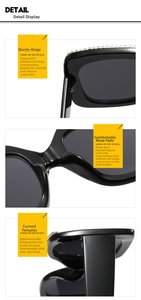 Detail view of reinforced hinges, smooth nose pads and curved temples on square sunglasses