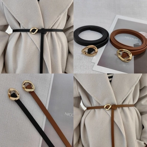 Women Thin Waist Belt PU Leather Irregular Gold Metal Buckle Minimalist Punk Vintage Dress Accessory For Coats