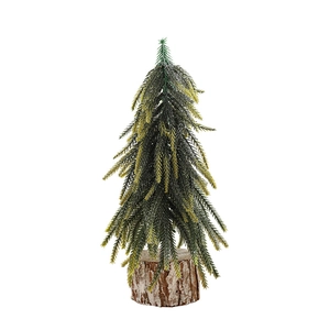 Mini artificial snow-flocked Christmas tree with natural wood base for desk decoration
