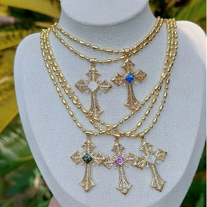 Vintage gold cross necklaces with pearls and gemstones in five colors for women