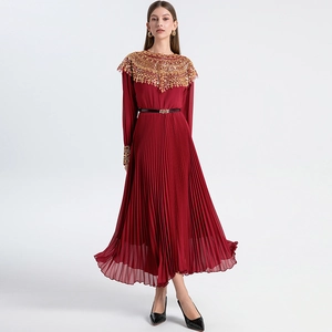 Elegant red pleated chiffon maxi dress with intricate gold beaded sequin embroidery
