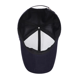 Men's navy cotton baseball cap with adjustable metal buckle and six-panel construction