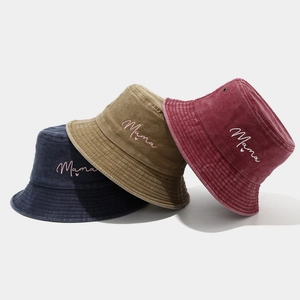 Bucket Hat Washed Cotton Mama Letter Embroidery Vintage Sun Protection Foldable Fisherman Cap For Women Mother