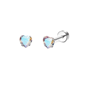 Detailed view of aurora heart zircon earring with silver screw back flat post design
