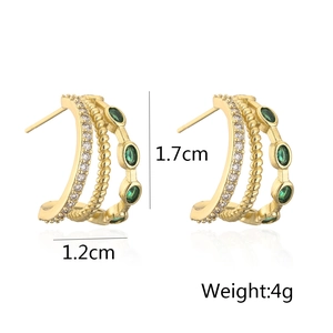 Detail view showing 1.7cm green zircon gold earrings dimensions and weight of 4g