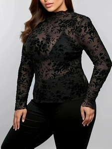 Haut sexy en tulle noir grande taille à manches longues et motifs floraux floqués