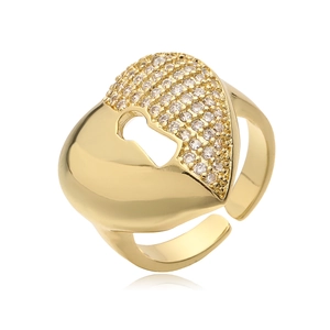 Luxurious 18K gold-plated heart keyhole ring with white zircon stones on white background
