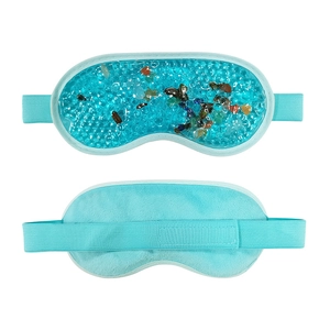 Front and back views of a blue gel eye mask with PVC surface and soft plush backing