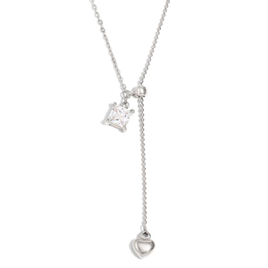 Elegant 18K gold plated square zircon and heart tassel necklace in silver finish