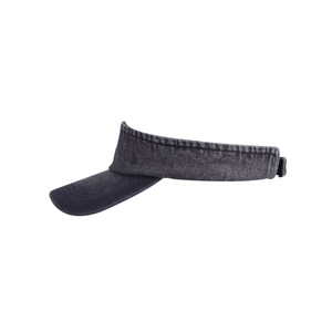 Detail of washed dark gray denim visor showing reinforced stitching and curved brim