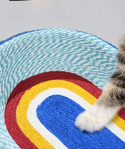 Close-up of rainbow braided cat scratcher bed with durable woven hemp rope texture