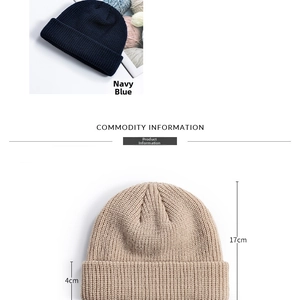 Detailed knit texture and size specs for navy blue and tan cuff beanies
