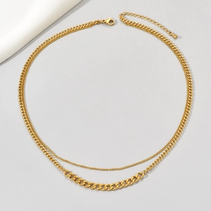 Double-layered gold-plated stainless steel necklace with fine link and cuban chain design