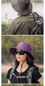 Detail of outdoor sun hats with wide brims and adjustable windproof straps for hiking