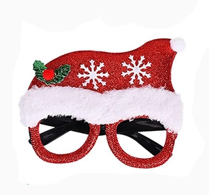 Detailed view of red glitter Christmas hat eyewear with white snowflakes and holly decor