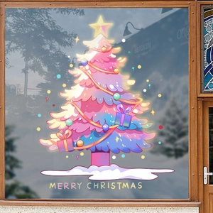 Pink and blue gradient anime Christmas tree window sticker with Merry Christmas greeting