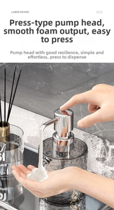 Detail of silver foam pump head on textured glass dispenser showing smooth lathering