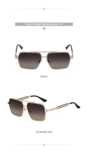 Detail view of gold metal sunglasses with brown gradient lenses and double bridge design