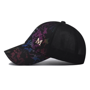 Fashionable mesh baseball cap with colorful camo print and rhinestone metal M logo