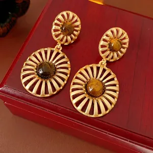 Vintage Gold Alloy Dangle Earrings With Tiger Eye Stone Hollow Sunburst Radiating Design Silver Earring Post For Women