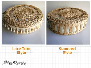 Detail comparison of plain and fringed handmade woven round tatami cushions