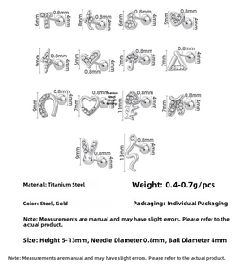 Detailed size chart for assorted 14 styles of surgical steel stud earrings with zirconia