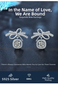 Detailed view of S925 silver bow stud earrings with sparkling moissanite stones