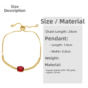 Sizing guide for 18K gold plated bracelet with 24cm chain and red zircon pendant