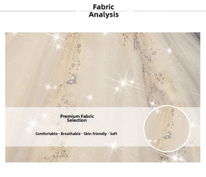 Macro shot of luxury champagne bridal gown with sequins, beads, and floral embroidery