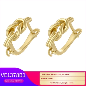 Detail of gold knot earrings showing brass material, 12x18mm dimensions and 1.4g weight