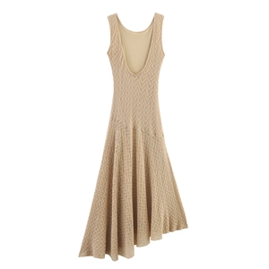 Sleeveless knit midi dress in beige with mesh hollow texture and irregular hem