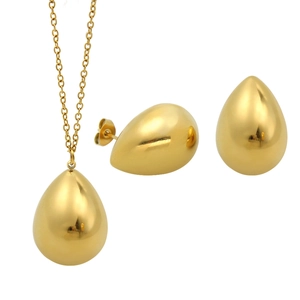 Polished golden teardrop jewelry set including drop pendant necklace and stud earrings