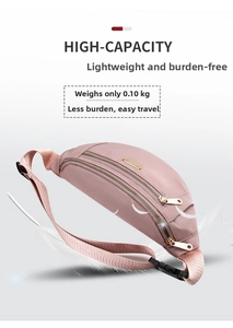 Macro side view of lightweight 0.10kg pink nylon waist bag with three zippers and feathers