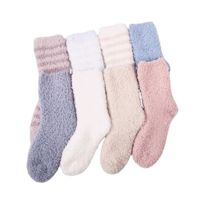 Dicke flauschige Korallenfleece Wintersocken für Damen in gestreiftem Lila und Rosa