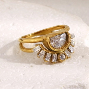 Double Layer Ring Stainless Steel 18K Gold Plated Radiating Sun Zirconia Vintage Light Luxury Fashion Jewelry Women