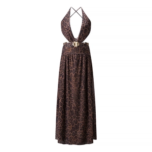 Sexy leopard print halter dress with waist cut-outs and golden flower metal buckle