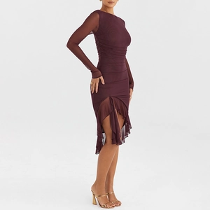 Robe moulante sexy à manches longues en mesh avec fronces et fente latérale violet foncé