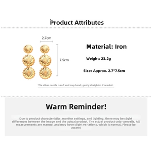 Detailed specs for gold triple-drop sunflower earrings, 7.5cm long with silver pins