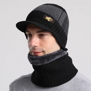 Men's winter knit beanie with brim and neck warmer set featuring thick fleece lining