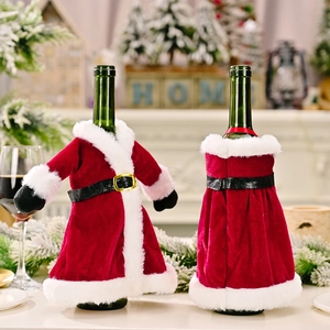 Christmas wine bottle covers set featuring velvet Santa coat and dress with fur trim