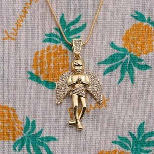 Gold plated angel pendant necklace with micro-paved zircons and sleek snake chain