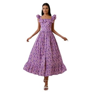 Elegant purple floral midi dress featuring ruffled straps, square neck and button-down front
