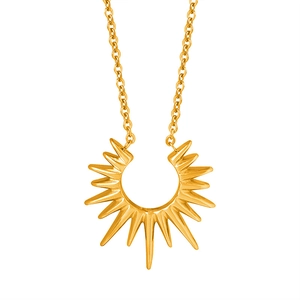 Minimalist gold-plated stainless steel necklace with sunburst sun ray pendant on white