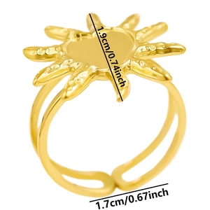 Detail view of 18K gold plated sun ring showing 1.9cm diameter and adjustable size