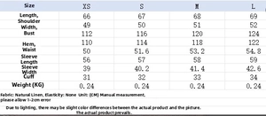 Detailed size chart for linen V-neck long sleeve shirt and shorts set with measurements
